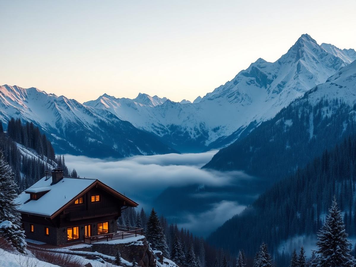 Snow-capped mountains at dawn with a luxury chalet